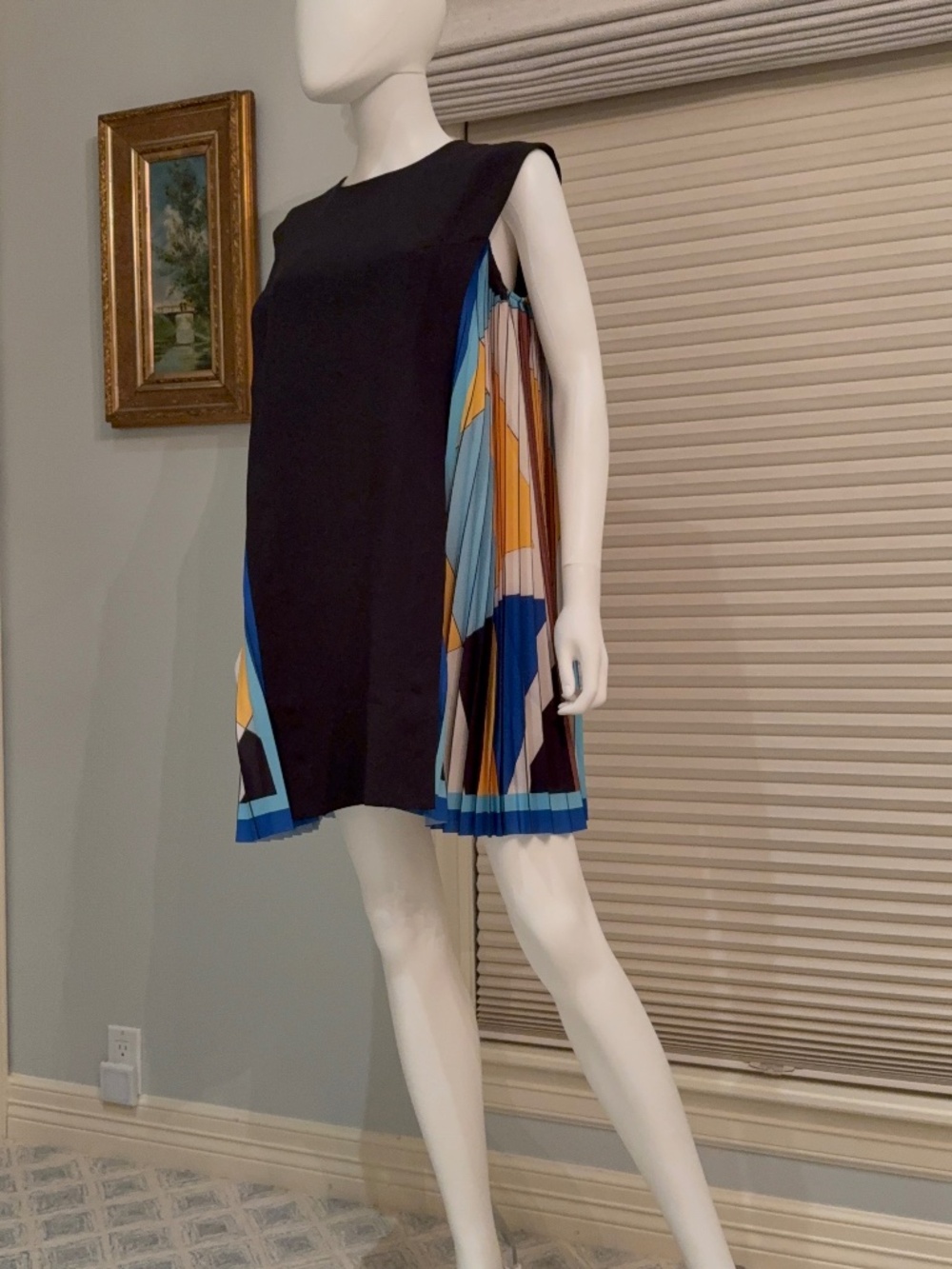 SaturdayClub Side Printed Pleated Shift Dress Colorblock Pleats